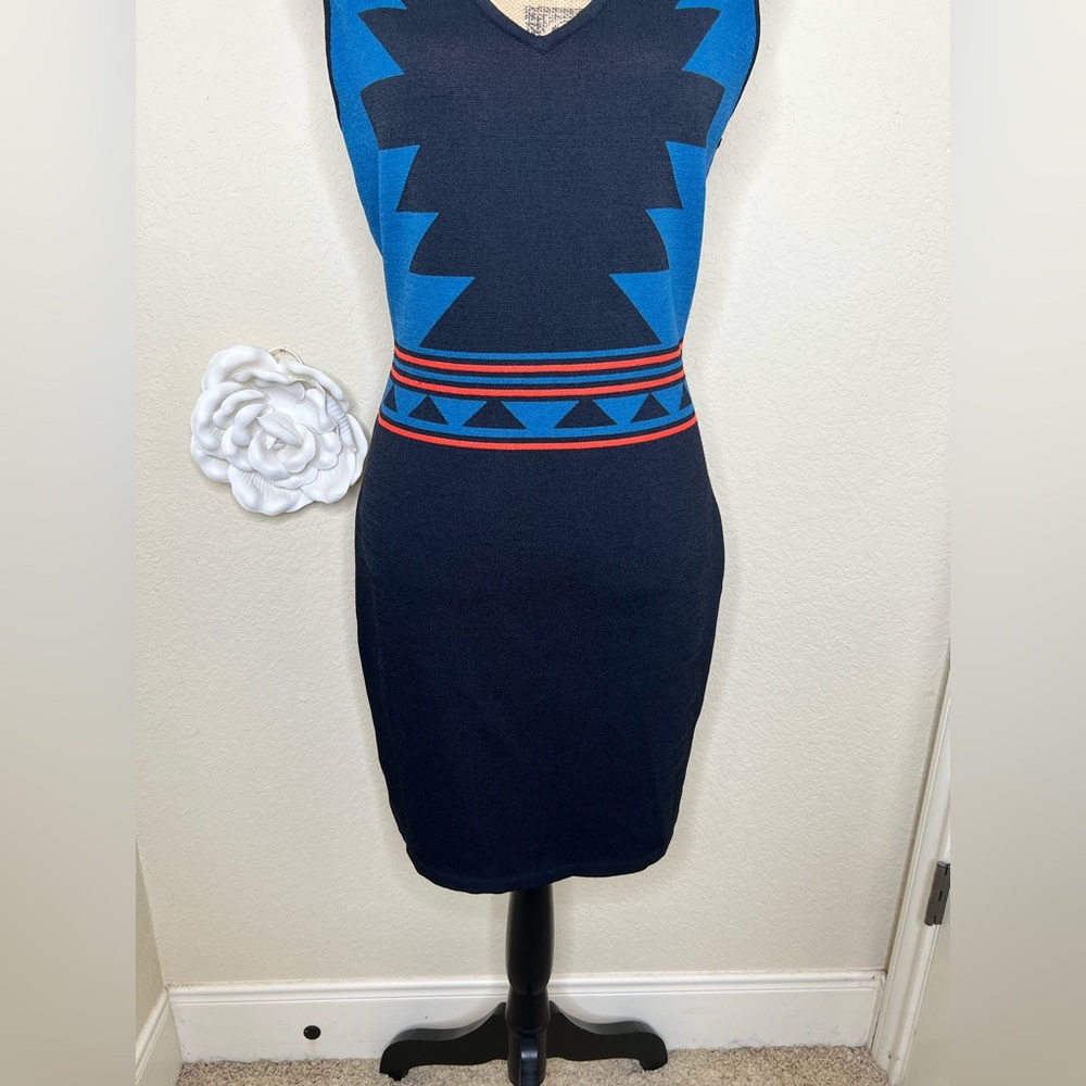 NTM Romeo & Juliet Couture Aztec Bodycon Dress Blue Black Bandage Mini Size L - Picture 7 of 14